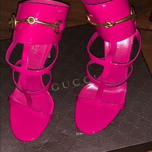 Ursula Patent Ankle-Wrap Cage Sandal, Fuchsia